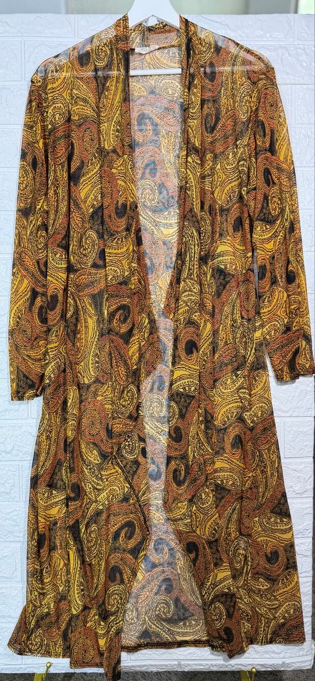Objex Womens 1X Paisley Sheer Mesh Duster Cardigan Gold Orange Black Made USA